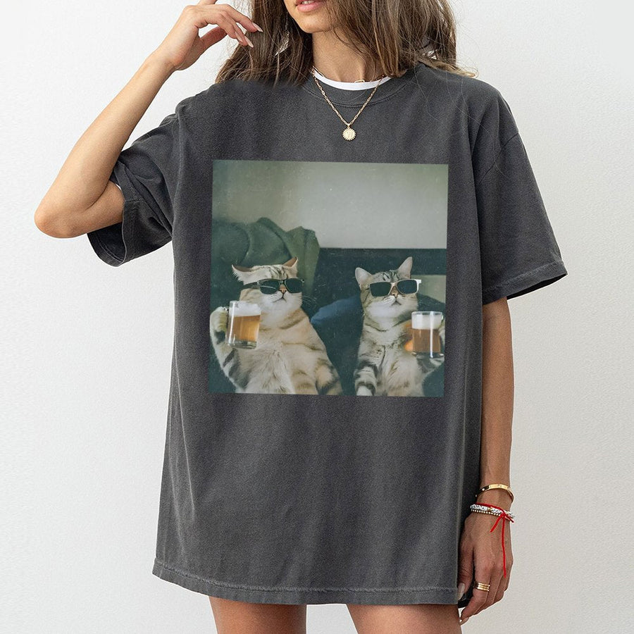 Funny Cat T-Shirt | Drinking Cats With Sunglasses Graphic | 100% Premium Cotton Tee | Unique Gift For Beer Lovers And Cat Owners