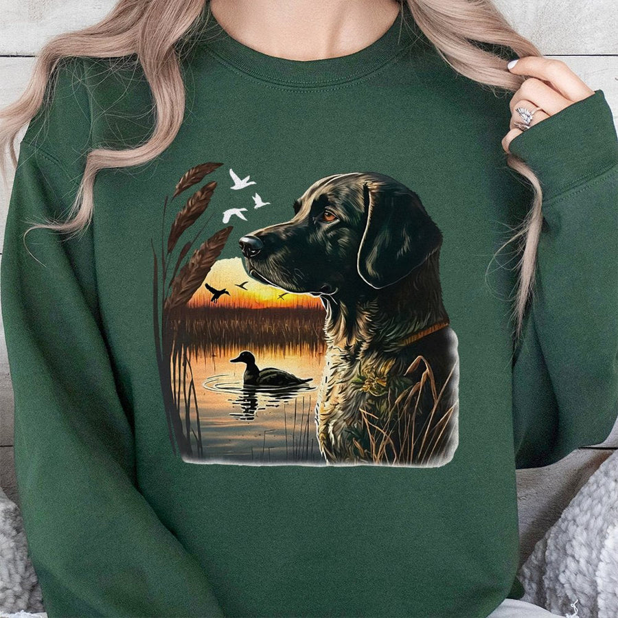 Hunting Dog Sweatshirt | Duck Hunting Sunset Graphic Design | Cotton Blend Outdoor Apparel | Wildlife Lover Gift For Hunters