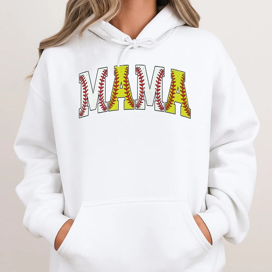 Softball Mama Hoodie | Baseball and Softball Stitch Lettering | Cozy Cotton Blend Pullover | Game Day Gift for Sports Mom