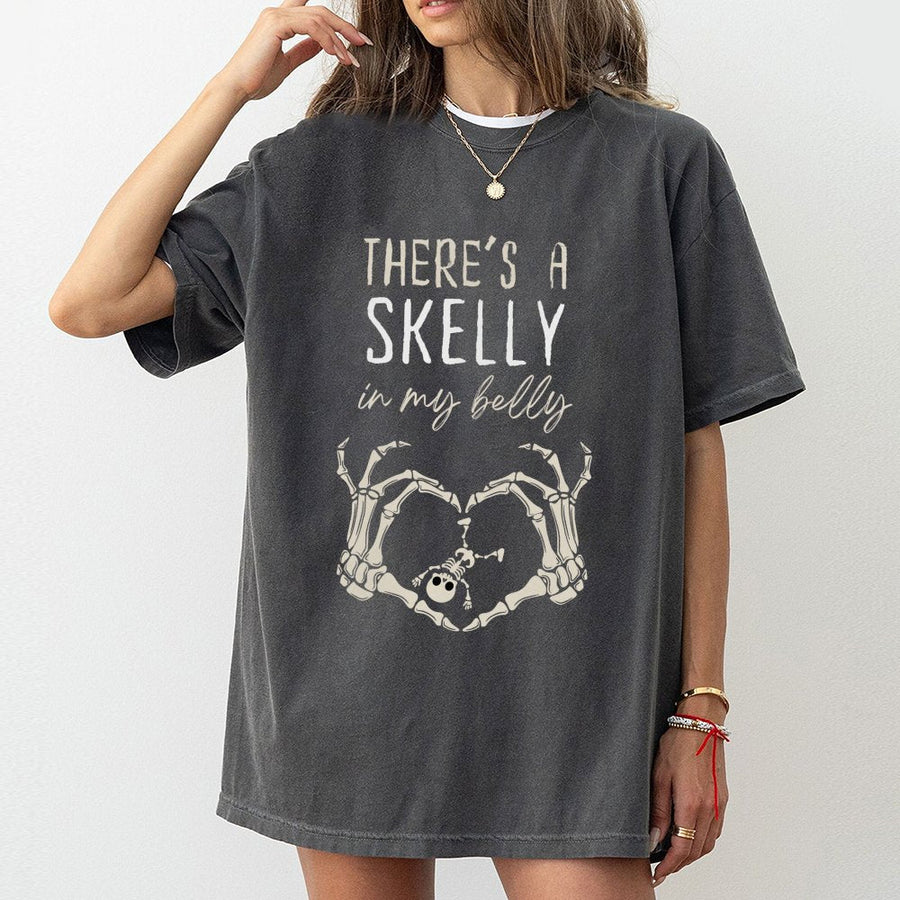 There's A Skelly In My Belly T-Shirt | Halloween Pregnancy Announcement | Soft Cotton Graphic Tee | Spooky Mom Gift For Expecting Parents