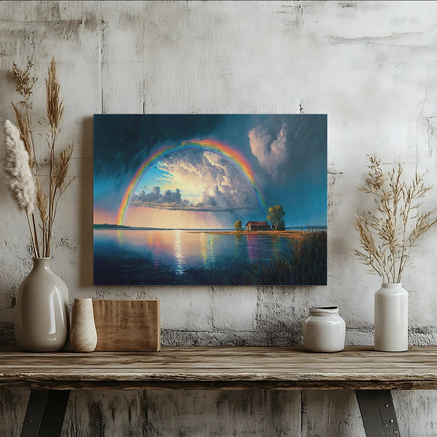 Rainbow Lake Landscape Canvas Art | Stormy Sky Cabin Wall Decor | Premium 1.25-Inch Gallery Wrap | Serene Nature Print for Living Room Home Office