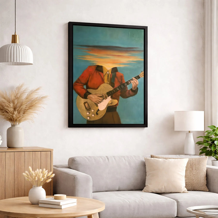 Surrealist Guitarist Canvas Print | Sunset Sky Headless Musician Art | Premium Fade-Resistant Wall Decor | Unique Gift for Guitar Players