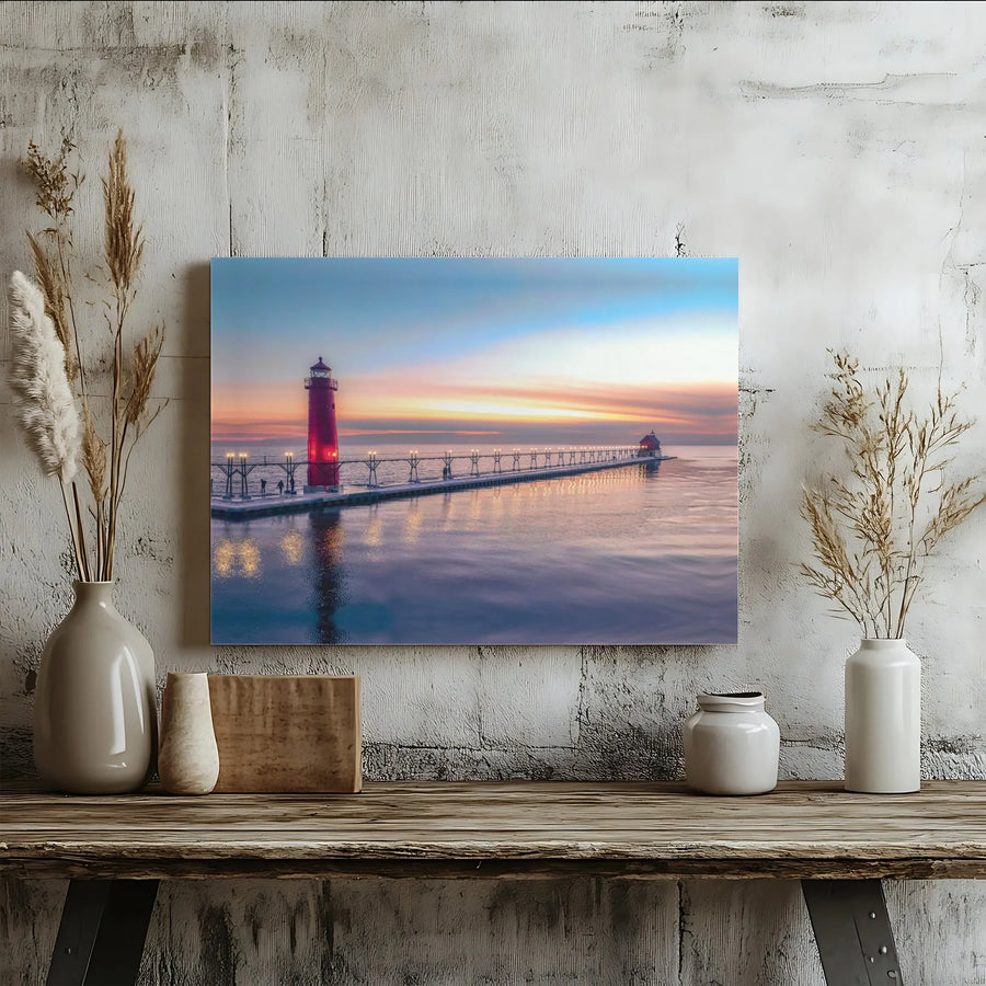 Lighthouse Canvas Wall Art | Scenic Sunset Pier Photography | Premium Thick Gallery Wrap | Nautical Home Decor Gift for Living Room