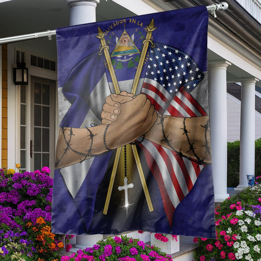 USA El Salvador Flag | Unity Handshake Cross Design | Premium Fade-Resistant Polyester | Patriotic Heritage Home Decor Gift