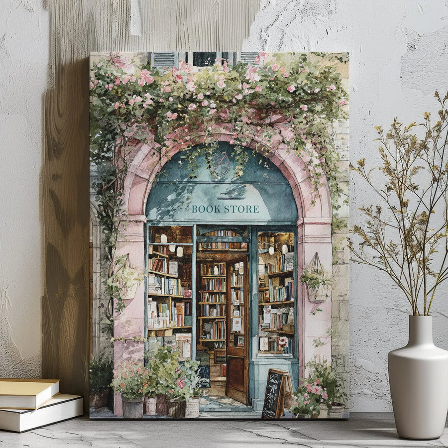 Bookstore Wall Art | Quaint Floral Watercolor Print | Premium Gallery Wrap Canvas | Romantic Parisian Street Decor Gift for Book Lovers