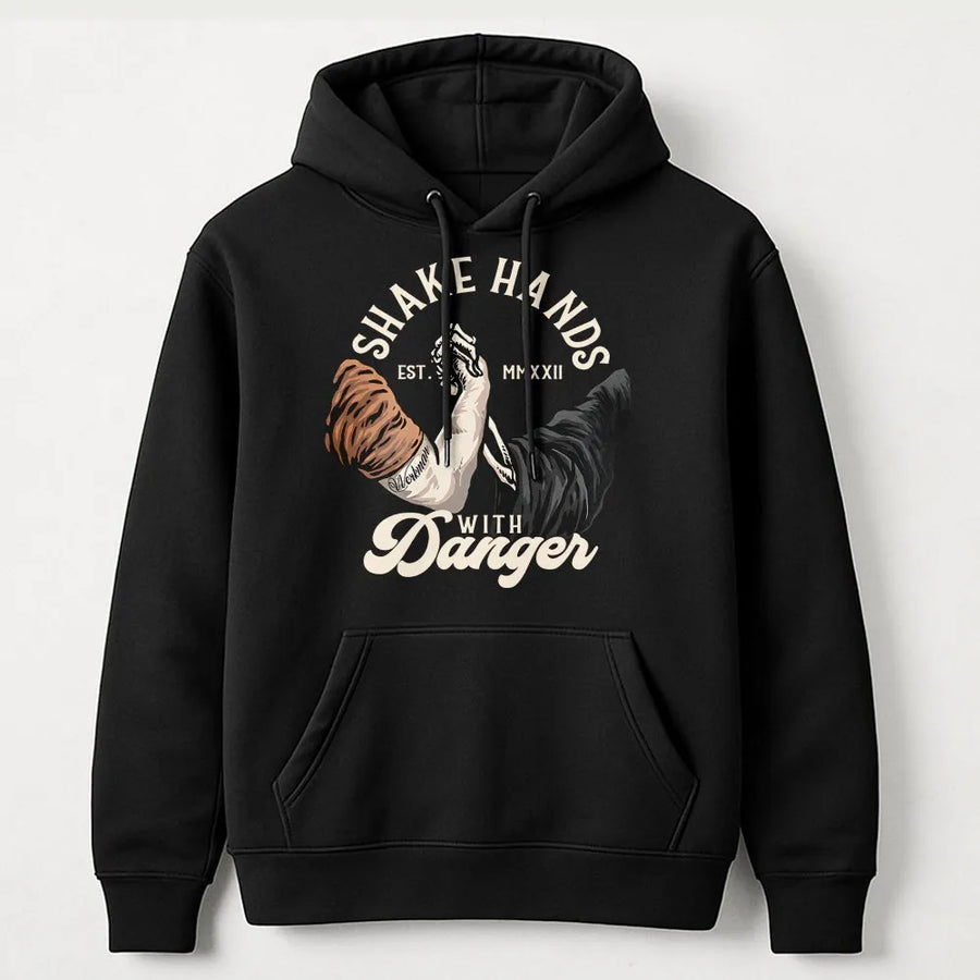 Shake Hands With Danger Hoodie | Arm Wrestling Skeleton Graphic | Premium Cotton Blend Pullover | Gritty Workwear Gift for Blue Collar Men