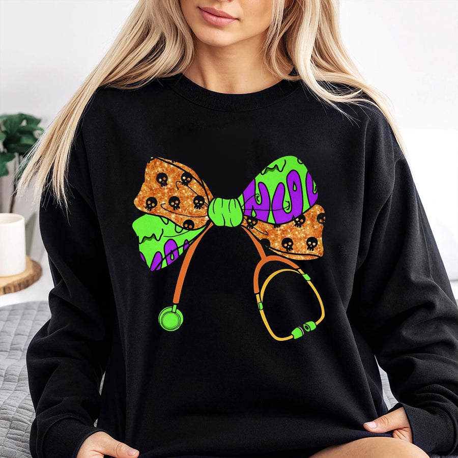 Spooky Nurse Sweatshirt | Halloween Stethoscope Coquette Bow Graphic | Premium Cotton Blend | Funny Nursing Student Gift for Halloween Season