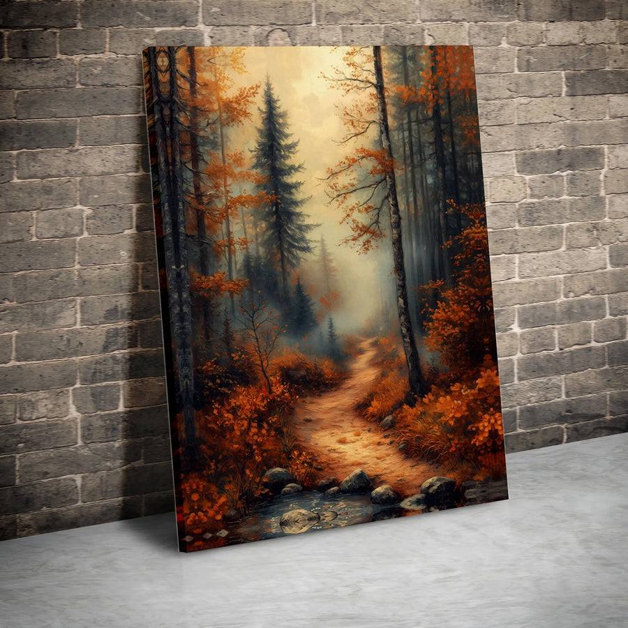 Autumn Forest Landscape Canvas Art | Misty Creek Woodland Path Wall Decor | Premium Gallery Wrap Print | Nature Inspired Home Gift