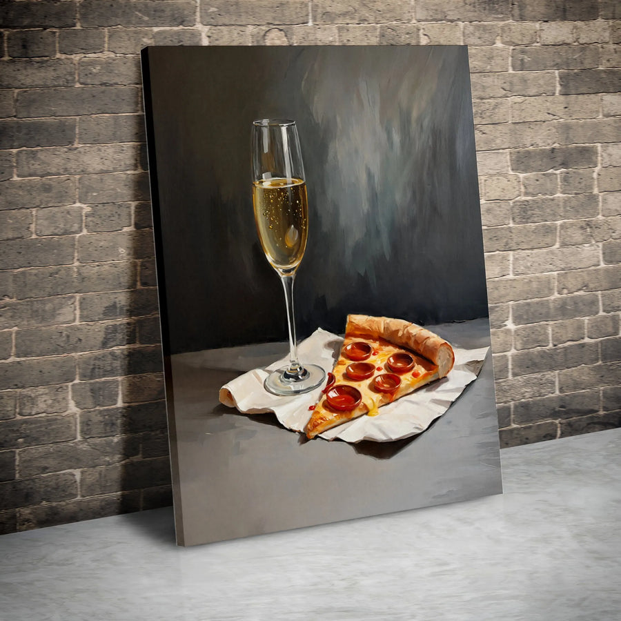 Pizza and Champagne Canvas Print | Realistic Still Life Painting | Premium Gallery Wrapped Canvas | Unique Kitchen & Bar Decor Gift