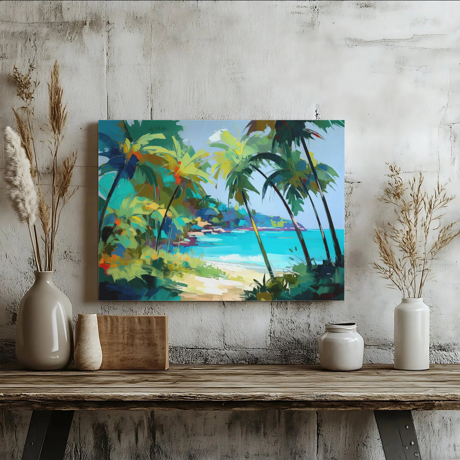 Tropical Beach Canvas Wall Art | Colorful Abstract Palm Tree Landscape | 1.25 Inch Gallery Wrap | Premium Coastal Decor for Home Office