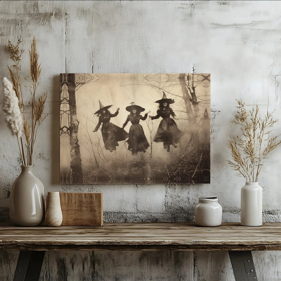 Vintage Witches Canvas Wall Art | Spooky Coven Sepia Photograph | Premium Gallery Wrapped Canvas | Gothic Halloween Home Decor Gift