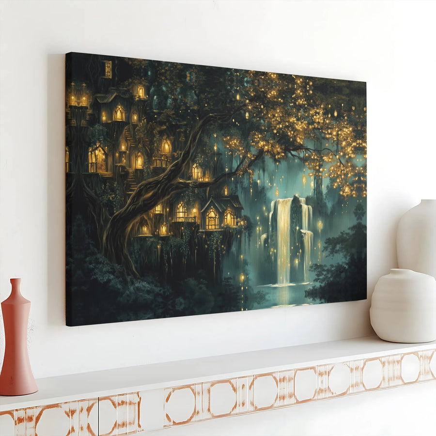 Enchanted Treehouse Canvas Wall Art | Glowing Fairy Forest Waterfall | Premium Gallery Wrapped Decor | Fantasy Room Gift for Home