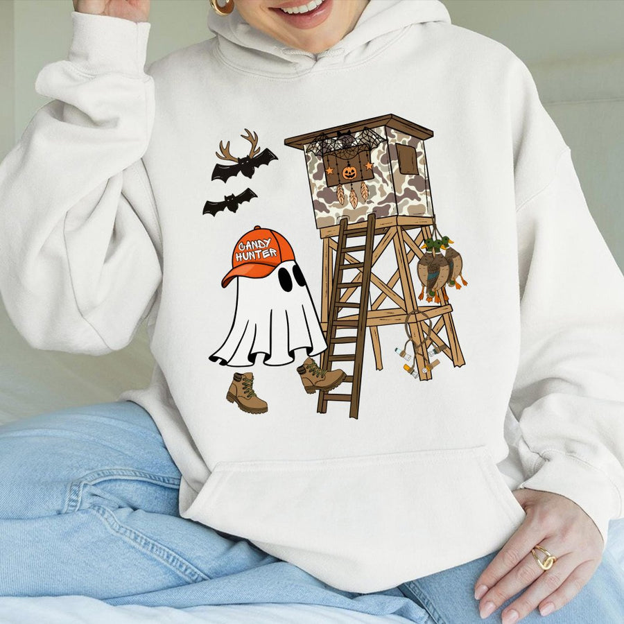 Candy Hunter Ghost Hoodie | Funny Camo Deer Stand Halloween Graphic | Premium Cotton Blend | Unisex Spooky Fall Gift for Outdoorsmen