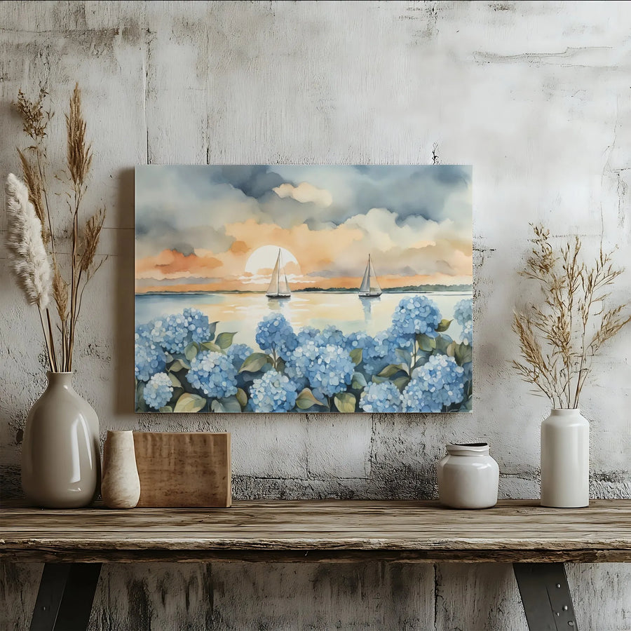Watercolor Sailboat Canvas Art | Coastal Sunset With Blue Hydrangeas | Premium Gallery Wrap Print | Serene Nautical Wall Decor Gift