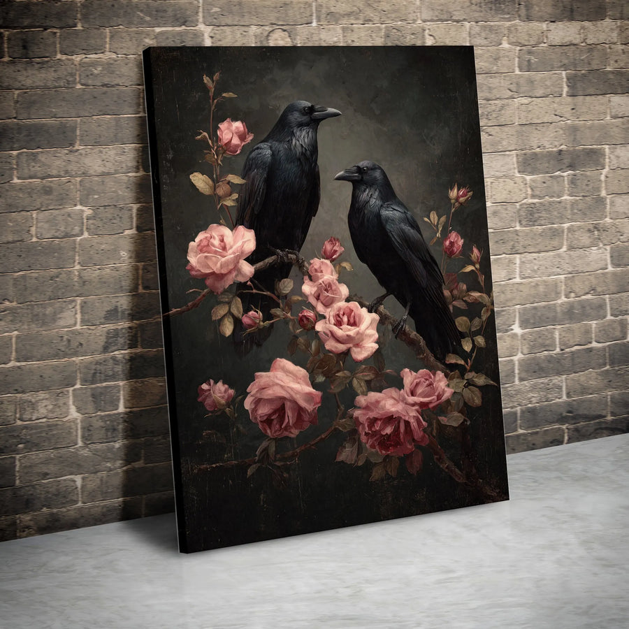 Gothic Raven Wall Art | Moody Crow and Pink Roses Painting | Premium Gallery Wrap Canvas | Dark Academia Home Decor Gift