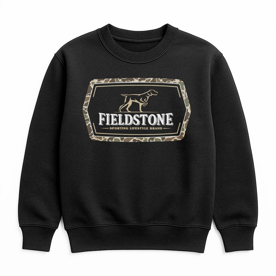 Fieldstone Sporting Lifestyle Sweatshirt | Camo Logo Graphic | Cotton Blend Premium Crewneck | Outdoor Hunting Gift for Ranchers and Country Living