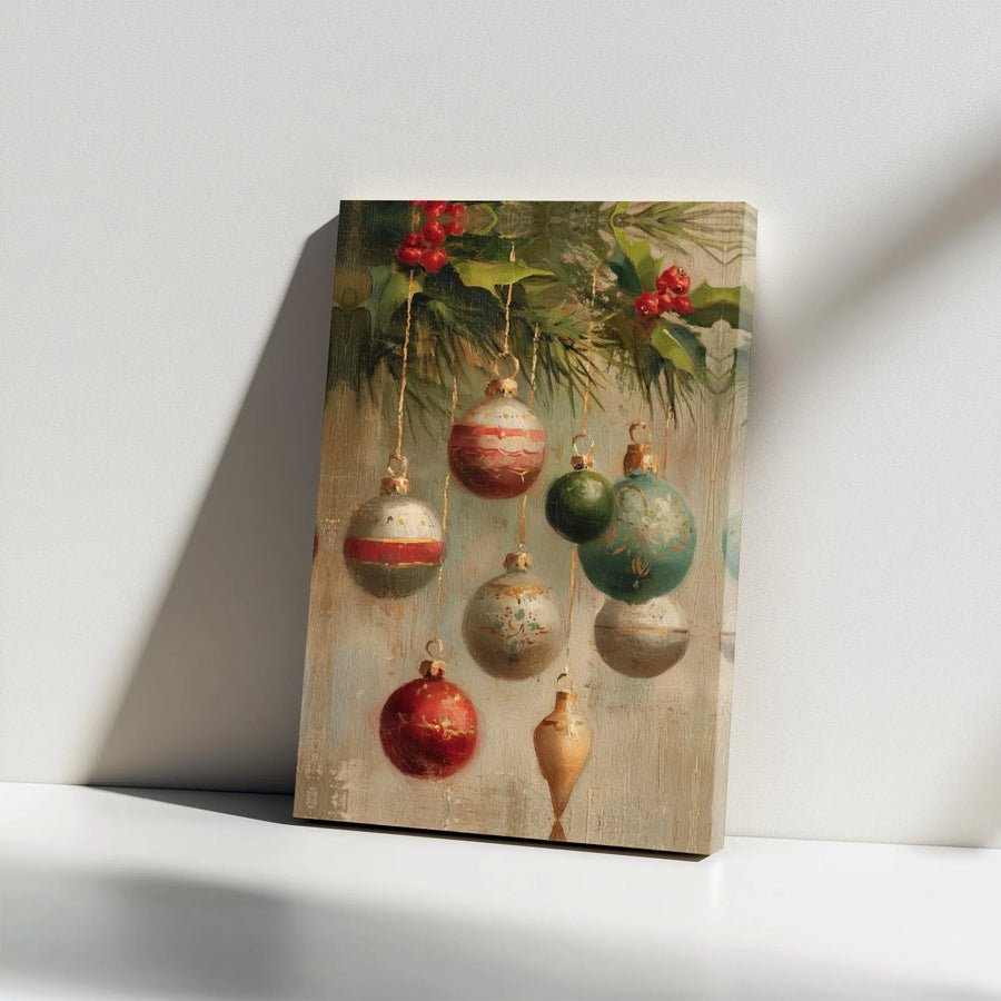 Vintage Christmas Ornaments Wall Art | Classic Oil Painting Style Holiday Decor | Premium Gallery Wrap Canvas | Festive Home Living Room Gift