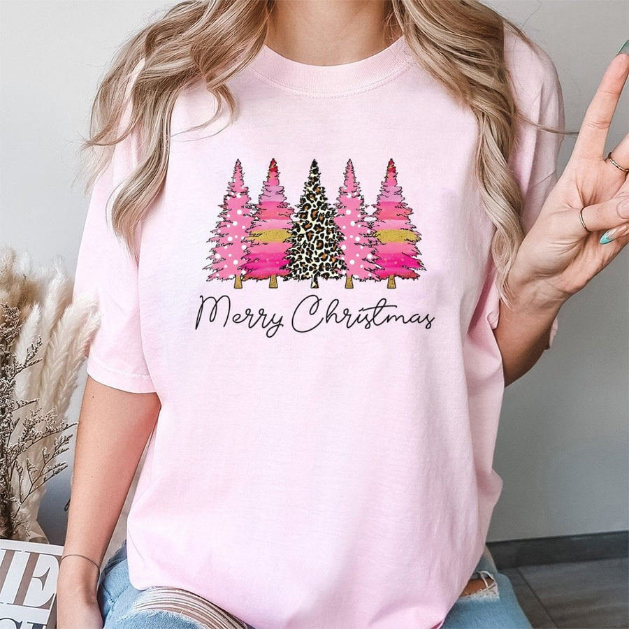 Merry Christmas Pink Leopard Tree T-Shirt | Trendy Holiday Animal Print Graphic Tee | Premium 100% Cotton Soft Fabric | Cute Women's Christmas Gift