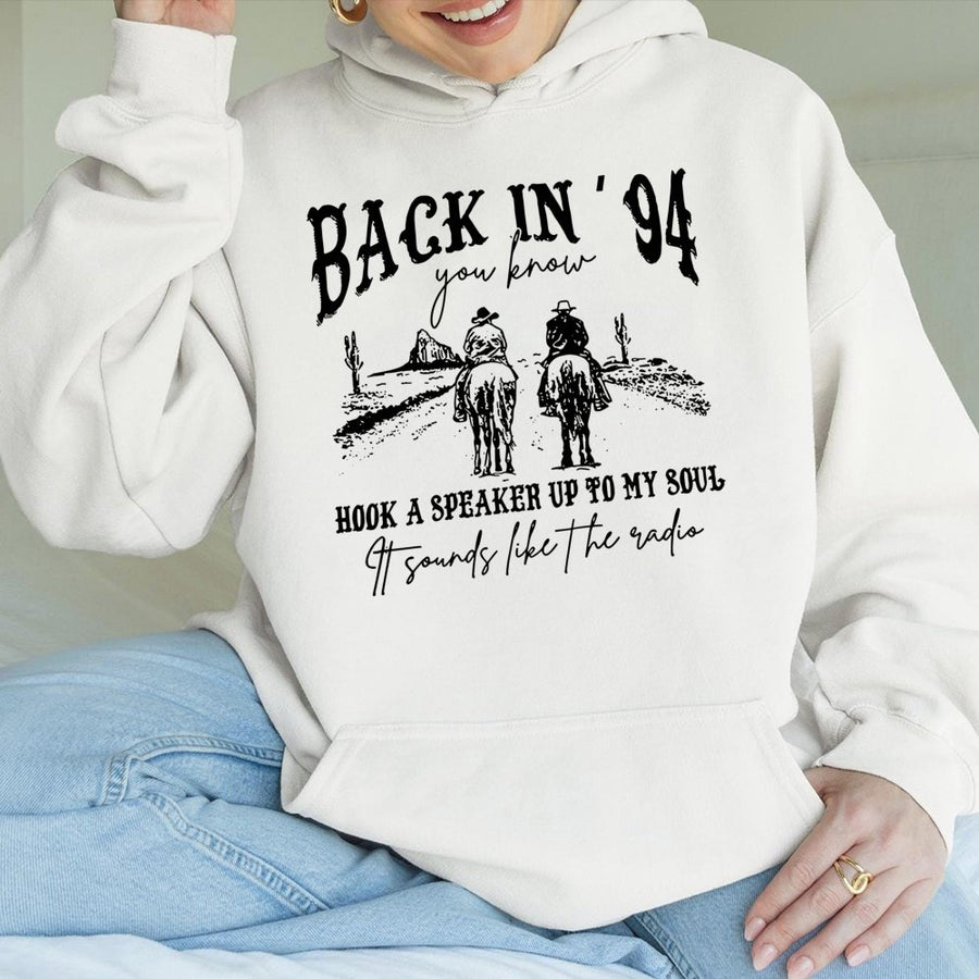 Back In 94 Country Music Hoodie | Vintage Western Cowboy Graphic | Soft Cotton-Polyester Blend | Trendy Gift For Country Music Lovers