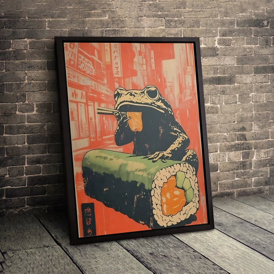 Japanese Toad Eating Sushi Canvas Wall Art | Ukiyo-E Style Retro Print | Gallery-Quality Thick Wrap | Quirky Kitchen Decor Gift for Sushi Lovers