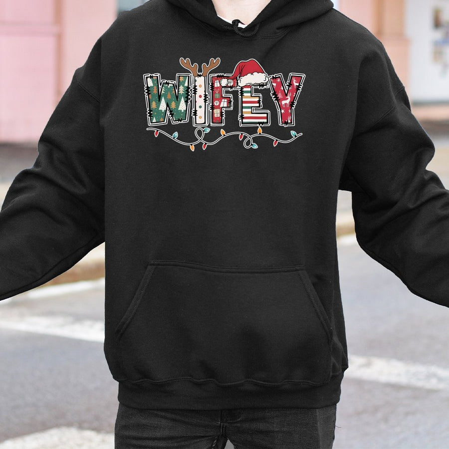 Wifey Christmas Hoodie | Festive Holiday Lights Graphic Print | Premium Cotton-Blend | Perfect Xmas Gift For Her Wife Newlywed