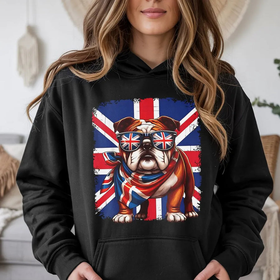 British Bulldog Hoodie | Union Jack Flag Sunglasses Graphic | Premium Cotton Blend | Patriotic UK Dog Lover Gift
