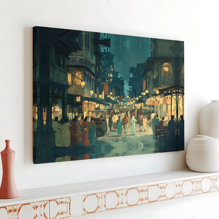 Night Market Street Scene Canvas Wall Art | Impressionist Urban Evening Landscape | Premium Gallery Wrap Print | Home Office Decor Gift