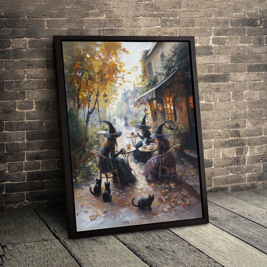 Witches Drinking Tea Canvas Print | Autumn Cafe Black Cat Art | 1.25-Inch Premium Gallery Wrap | Whimsical Fall Witchy Home Decor Gift