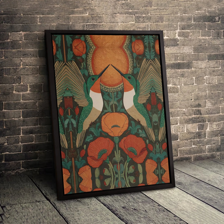 Art Nouveau Hummingbird Canvas | Symmetrical Poppy Floral Wall Art | Gallery-Quality Fade-Resistant Print | Elegant Nature Home Decor