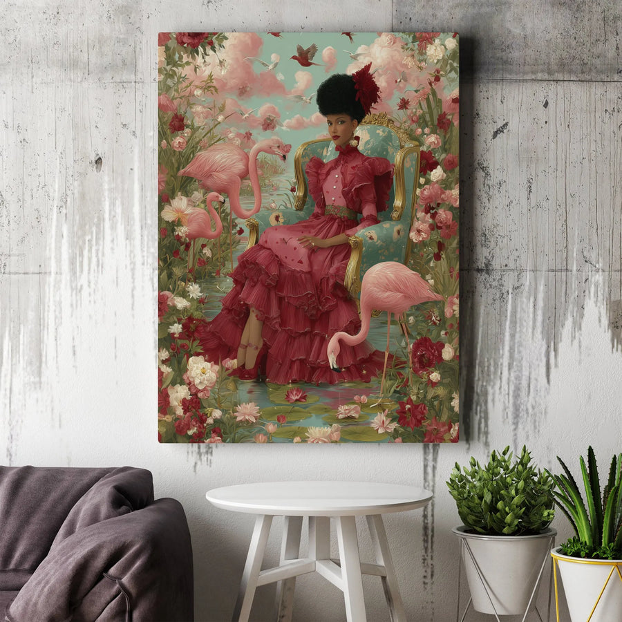 Black Woman Flamingo Canvas Print | Maximalist Victorian Floral Art | Premium Gallery Wrapped Wall Decor | Unique Afrocentric Home Gift