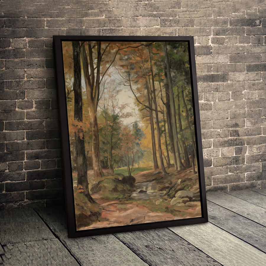 Autumn Forest Landscape Canvas Art | Rustic Woodland Stream Wall Decor | Gallery Quality Premium Print | Cozy Nature Inspired Home Gift