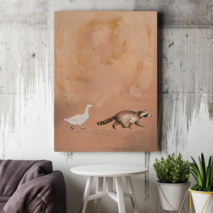Goose and Raccoon Wall Art | Whimsical Animal Oil Painting Style | Premium 1.25" Gallery Wrapped Canvas | Charming Home Decor for Animal Lovers