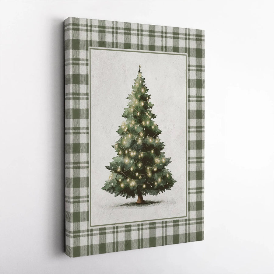 Christmas Tree Canvas Wall Art | Rustic Green Plaid Border Design | Premium Gallery Wrap Print | Farmhouse Holiday Home Decor Gift