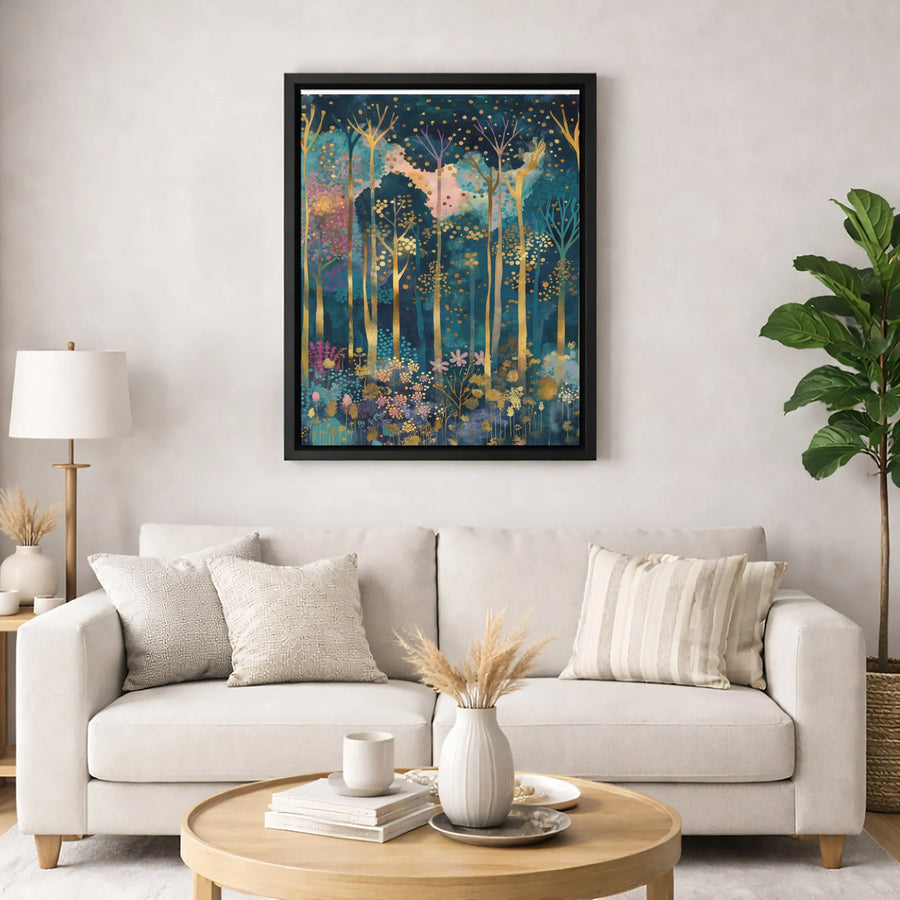 Enchanted Forest Canvas Wall Art | Gold Tree Abstract Print | Premium Gallery-Wrapped Decor | Whimsical Nature Home Gift