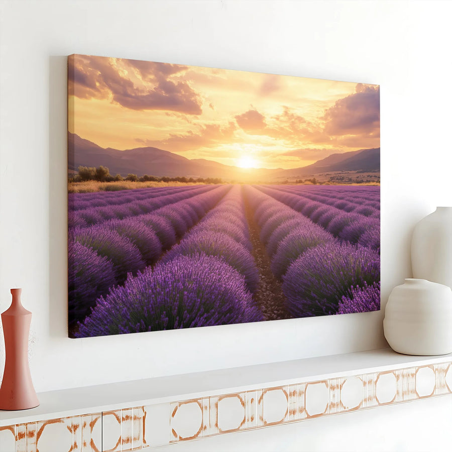 Lavender Field Canvas Wall Art | Serene Sunset Landscape Photography | Premium Gallery Wrap Print | Modern Farmhouse Living Room Decor Gift