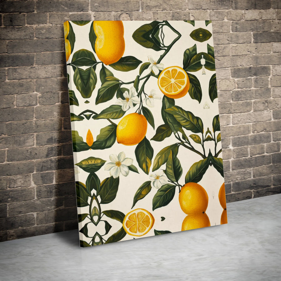 Lemon Botanical Art Canvas | Vintage Fruit & Blossom Pattern | Premium Fade-Resistant Print | Mediterranean Kitchen Wall Decor