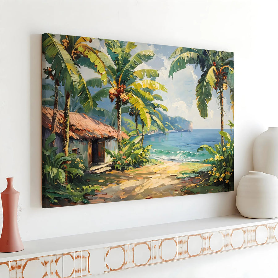 Tropical Beach Hut Canvas Print | Palm Tree Seascape Wall Art | Premium Gallery Wrap Decor | Coastal Home Office Gift