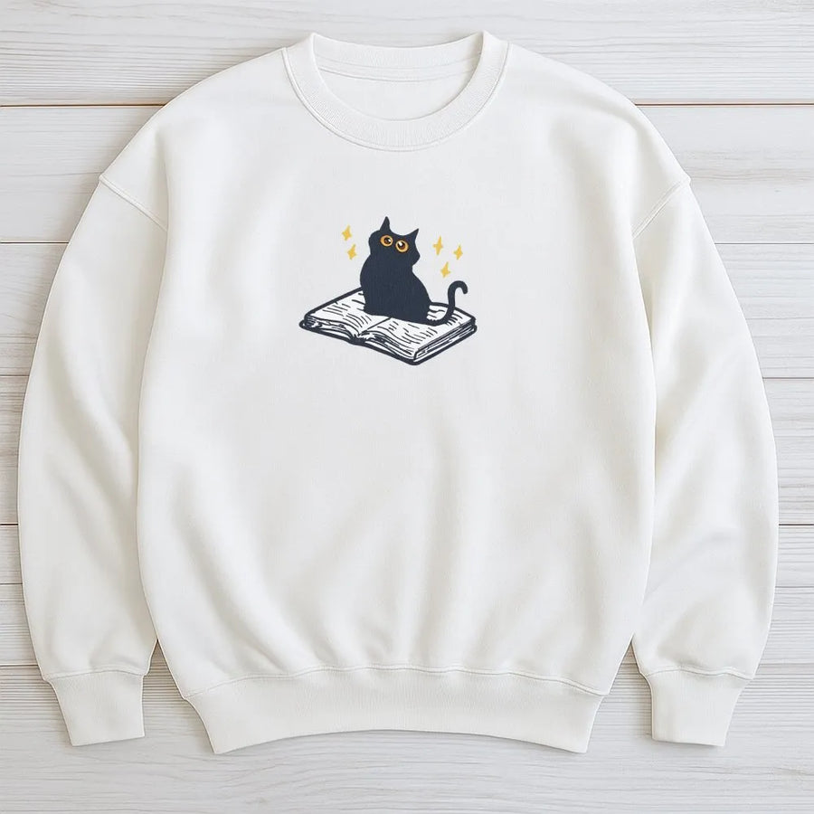 Black Cat Reading Sweatshirt | Cute Kitty on Book Graphic Sweatshirt | Soft Cotton Blend Pullover | Gift for Book Lovers and Readers