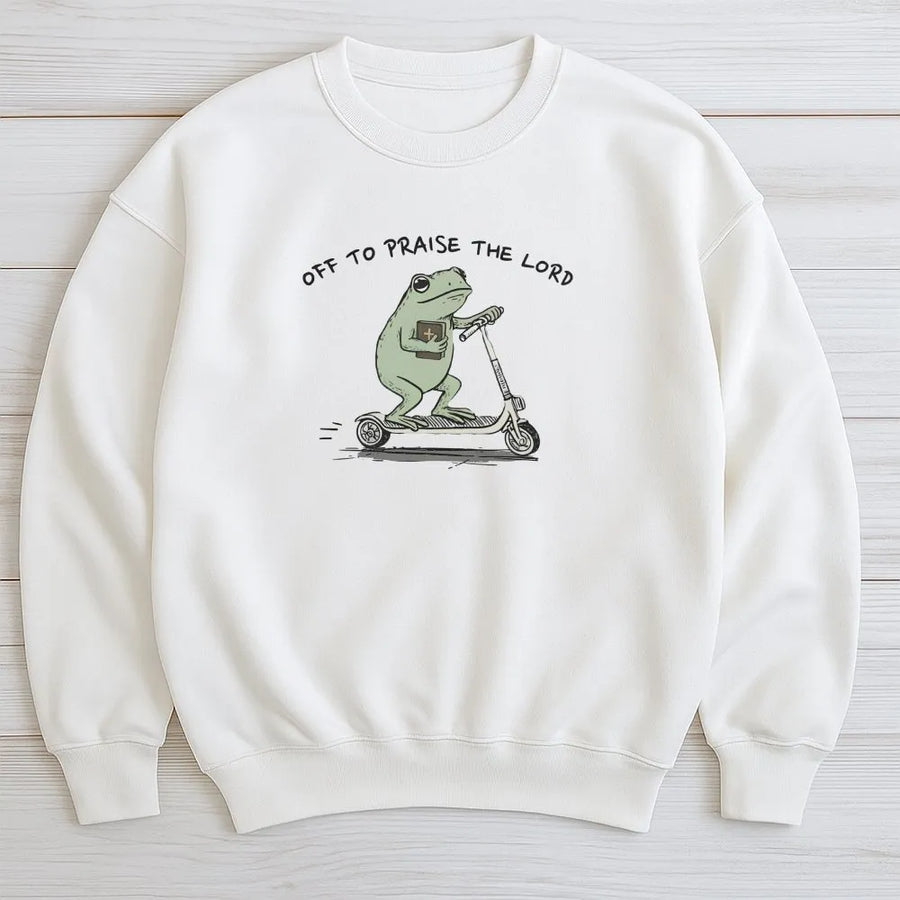 Christian Frog Sweatshirt | Funny 'Off To Praise The Lord' Graphic | Premium Cotton Blend Crewneck | Cute Faith Based Religious Gift