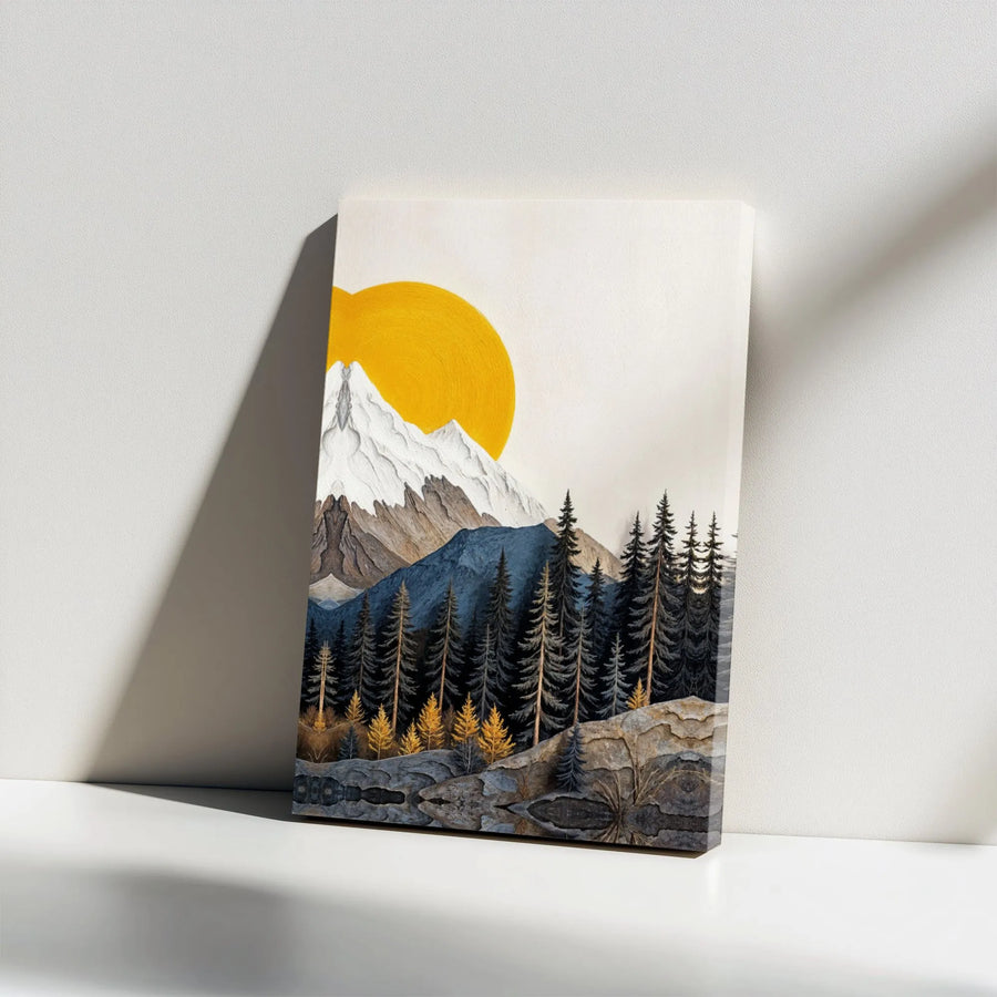 Mountain Landscape Canvas Art | Abstract Pine Forest and Yellow Sun | Premium Gallery Wrap Wall Decor | Modern Nature Home Office Gift