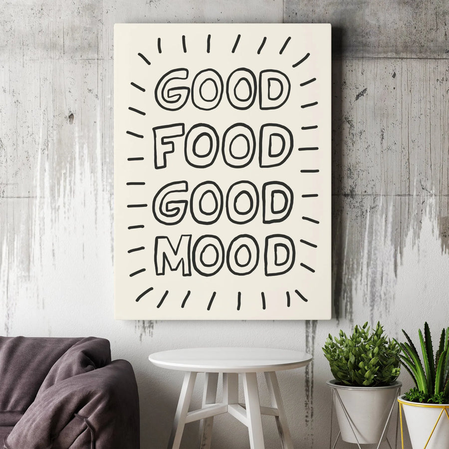 Good Food Good Mood Canvas Wall Art | Minimalist Typography Kitchen Decor | Premium Fade-Resistant Print | Framed or Unframed Quote Gift