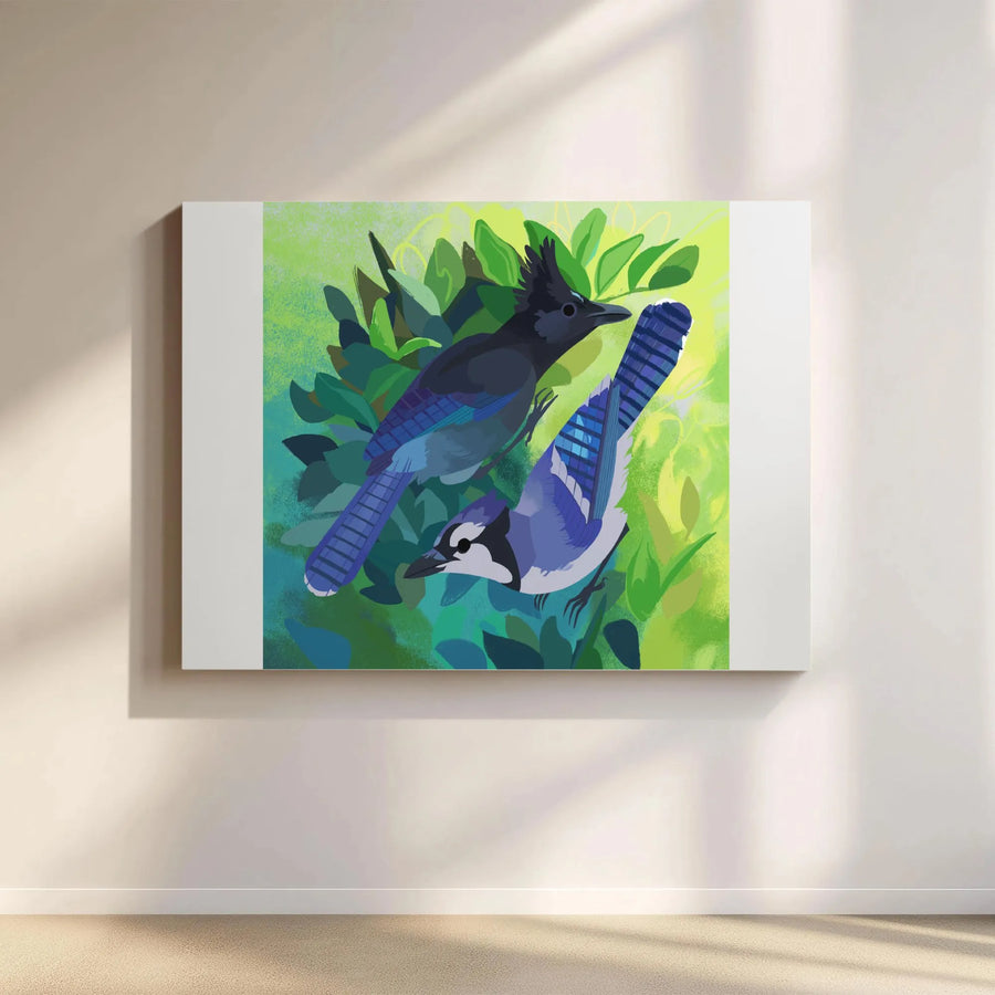 Steller's Jay & Blue Jay Canvas Wall Art | Vibrant Songbird Illustration | Premium Fade-Resistant Print | Gift for Bird Watcher & Nature Lover Home Decor