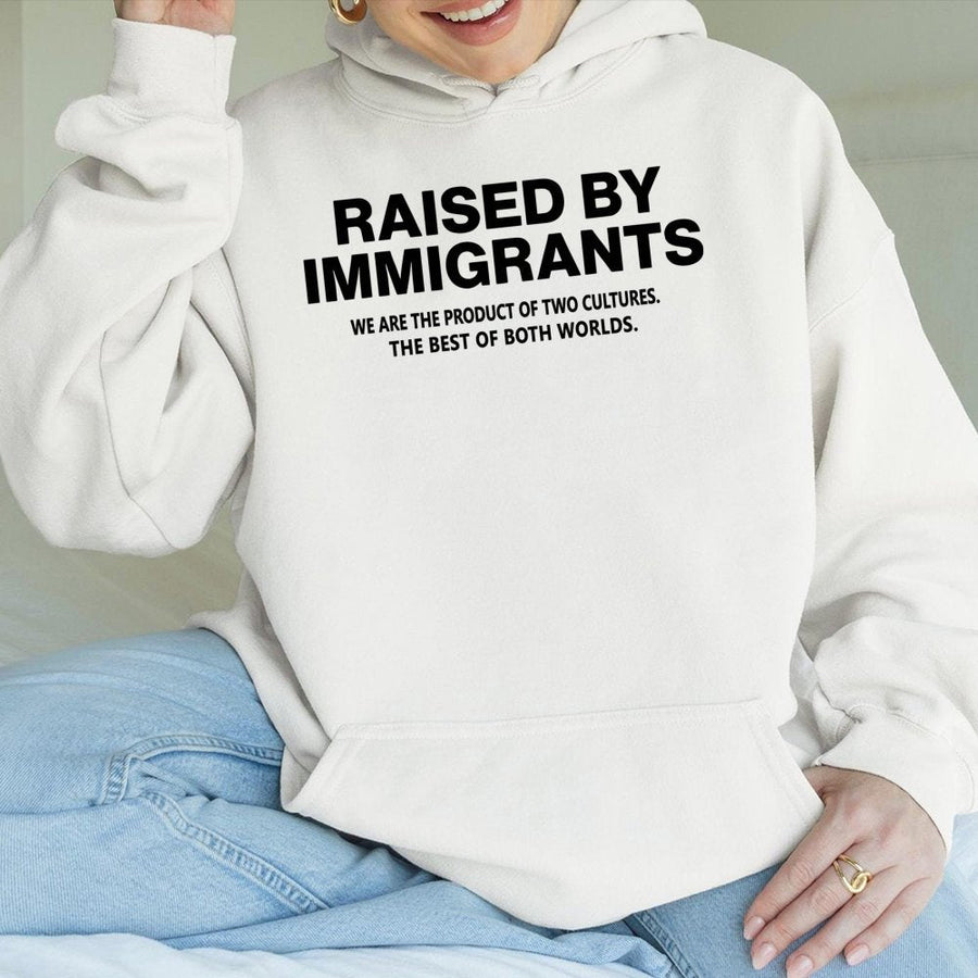 Raised By Immigrants Hoodie | Dual Culture Graphic Sweatshirt | Premium Cotton-Poly Blend | Empowering Gift For First Generation Americans