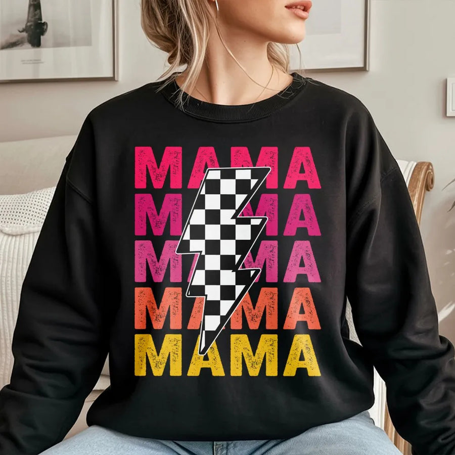 Mama Sweatshirt | Retro Checkered Lightning Bolt Graphic | Premium Cotton Blend | Trendy Mommy Gift for Mother's Day 2026