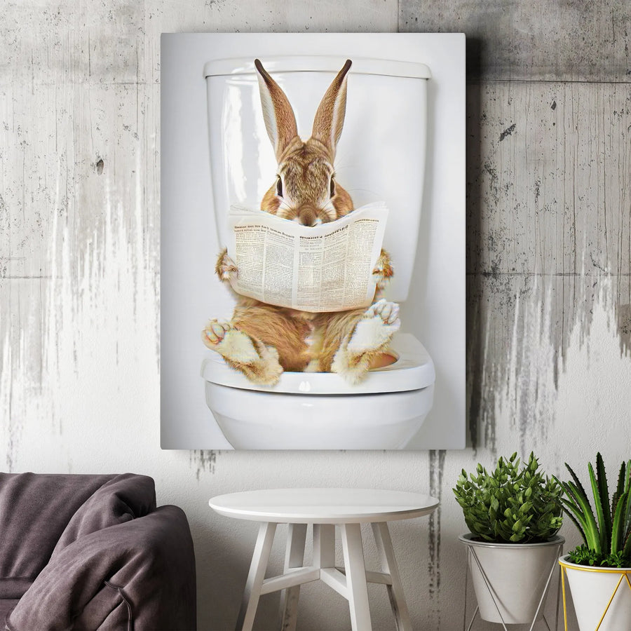 Rabbit On Toilet Vertical Canvas | Funny Bunny Reading Newspaper Art | Premium Wall Decor | Humorous Bathroom Sign & Housewarming Gift