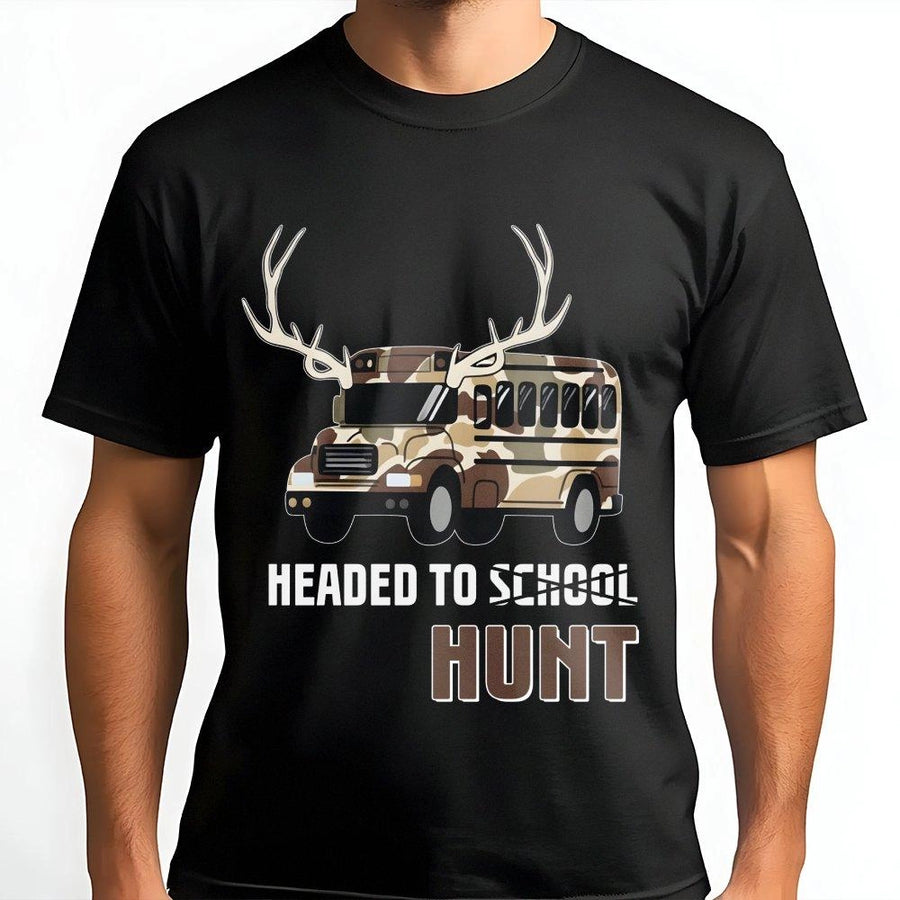 Headed To Hunt T-Shirt | Camo School Bus Deer Antler Design | 100% Cotton Premium Tee | Country Boy Back To School Hunting Gift