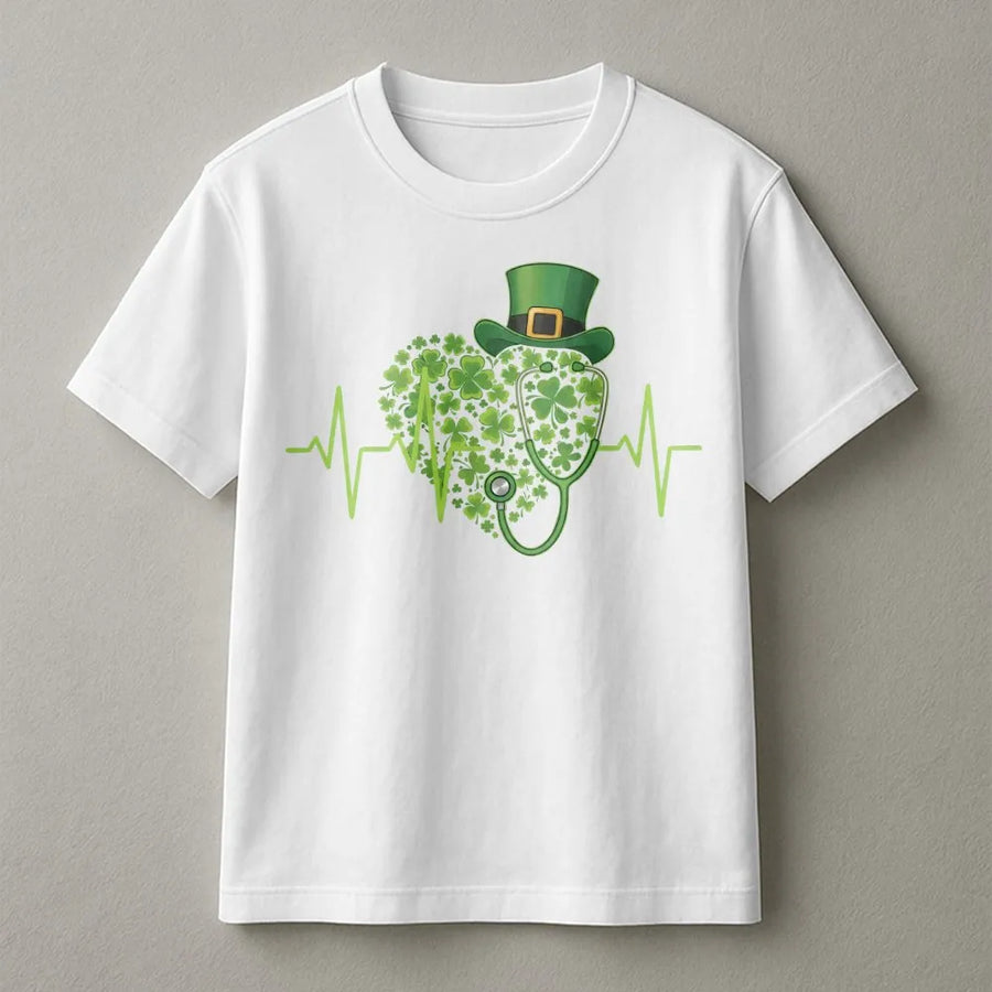 St Patrick's Day Nurse T-Shirt | Shamrock Heartbeat Stethoscope Design | 100% Premium Cotton | Medical Professional Holiday Gift