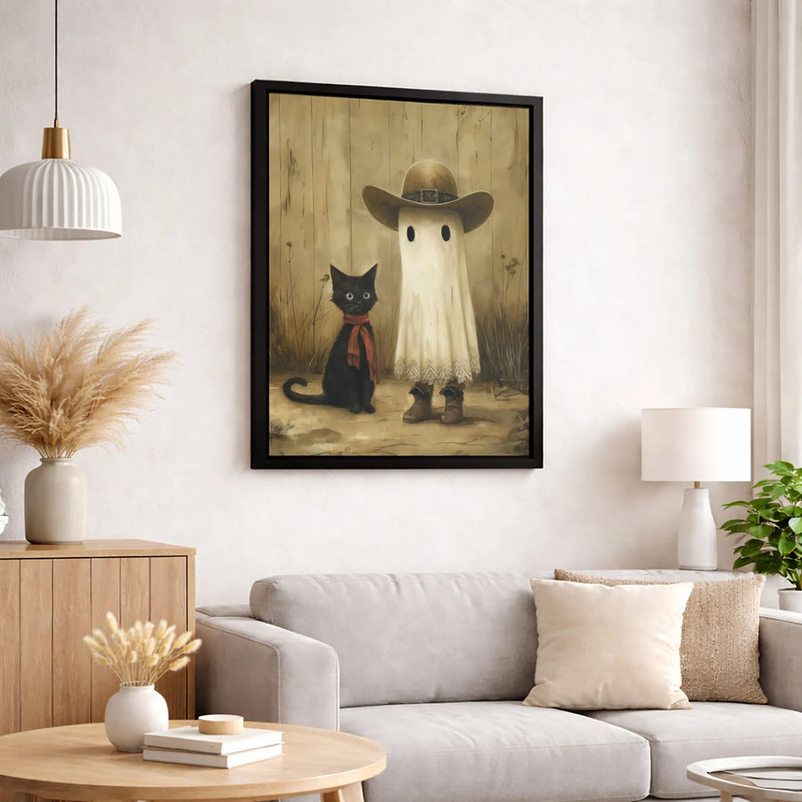 Cowboy Ghost And Black Cat Canvas Wall Art | Whimsical Western Spooky Decor | Premium Gallery Wrap Print | Halloween Gift For Cat Lovers
