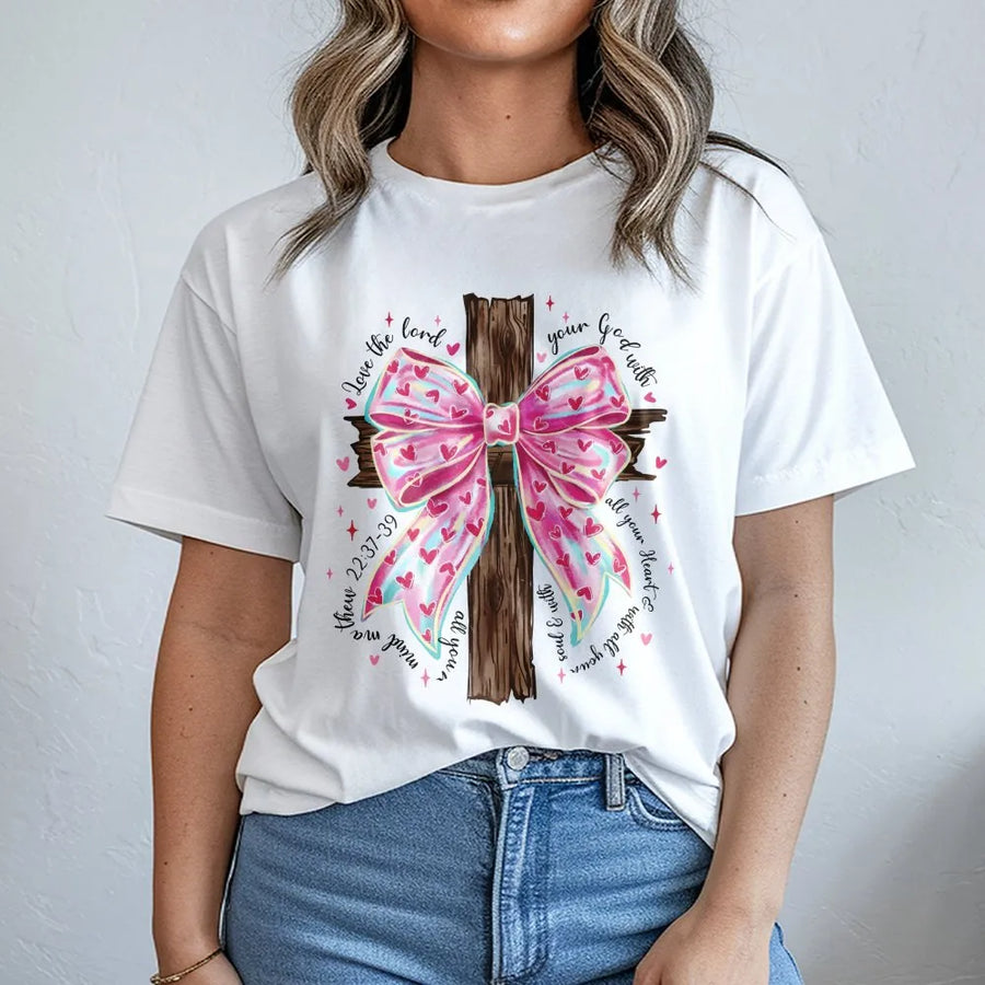 Christian Faith T-Shirt | Pink Coquette Bow On Wooden Cross | Premium Soft Cotton Bible Verse Tee | Gift For Women & Girls