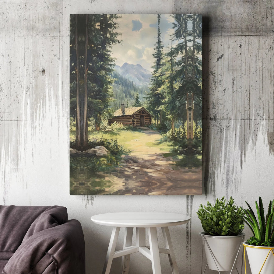 Rustic Log Cabin Canvas Print | Mountain Forest Landscape Wall Art | Gallery Wrapped Premium Quality | Nature Lover Home Decor Gift